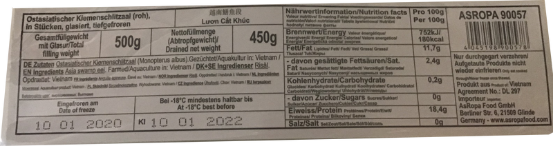 冰冻-Tiefgefroren! 椰树牌 速冻越南鳝鱼段/Ostasiatischer Kiemenschlitzaal 450g