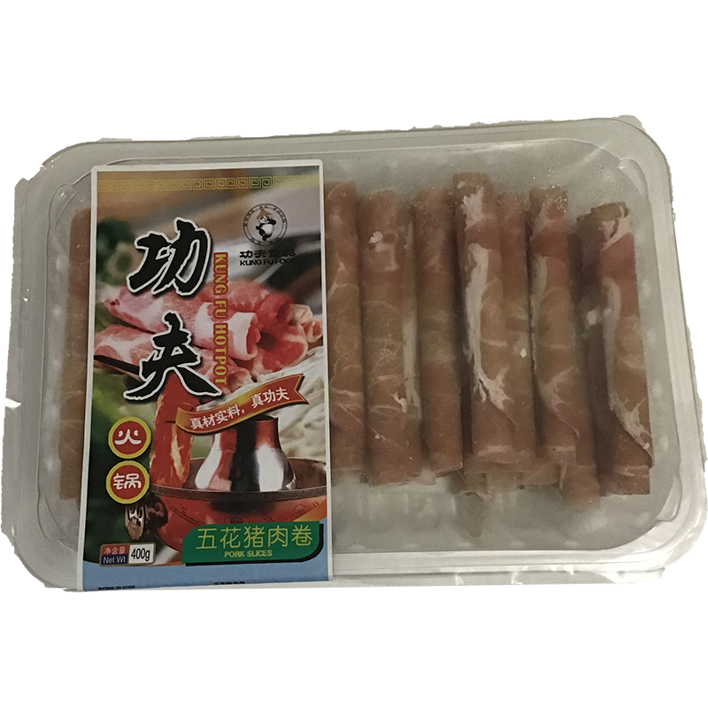 冰冻-Tiefgefroren! 功夫食品 功夫火锅 五花猪肉卷 / KUNG FU HOTPOT Schweinefleischstreifen 400g