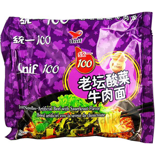 统一100 老坛酸菜牛肉面/UNIF Instant Nudeln mit Rindfleisch-. u Sauerkrautgeschmack 119g